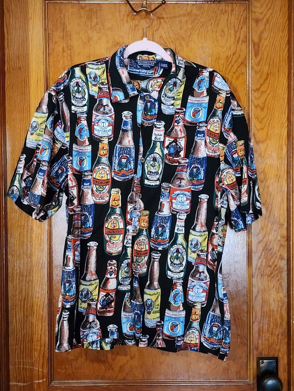 Vtg Bluewater Wear Beer Bottle Hawaiian Shirt Black Button Up XL